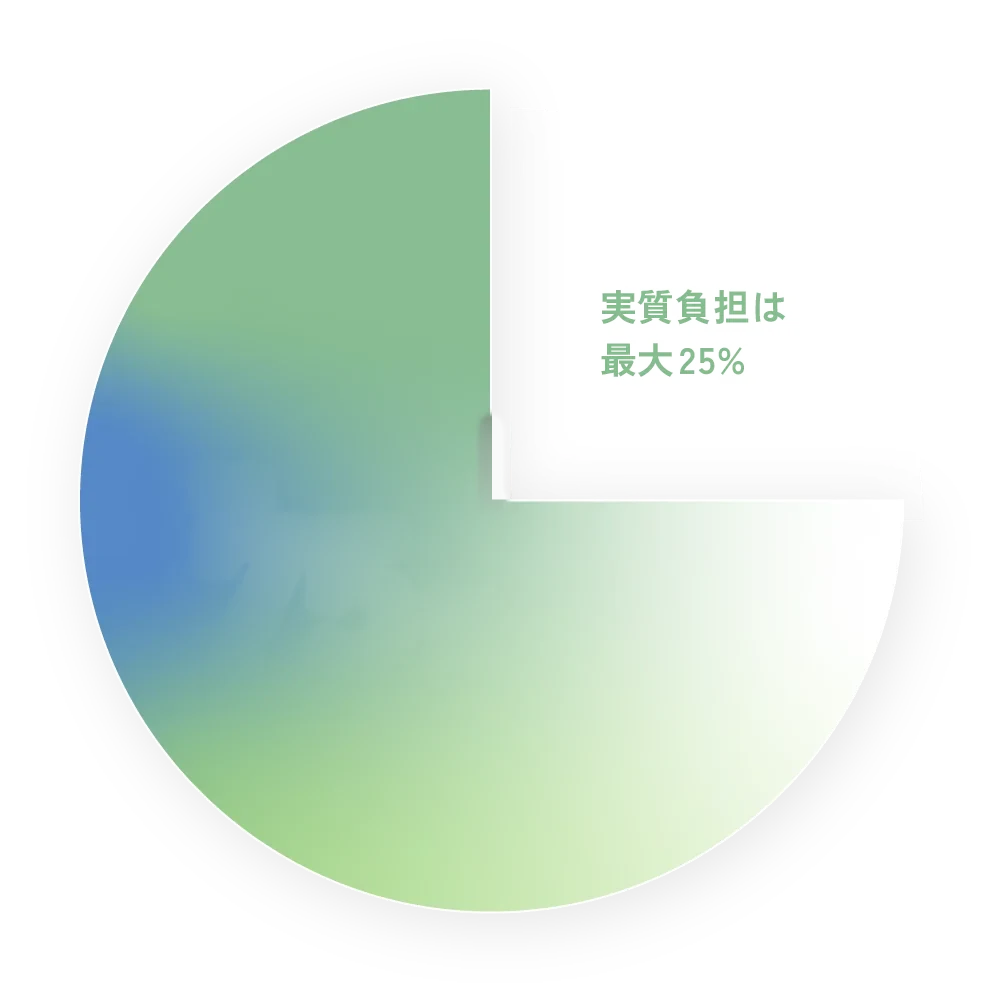 助成は最大75%、実質負担は最大25%であることを示す円グラフ